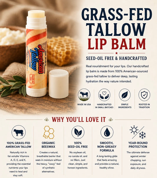 Grass-Fed Beef Tallow Lip Balm – Seed Oil Free Hydration | 4, 8 & 12 Pack Bundles