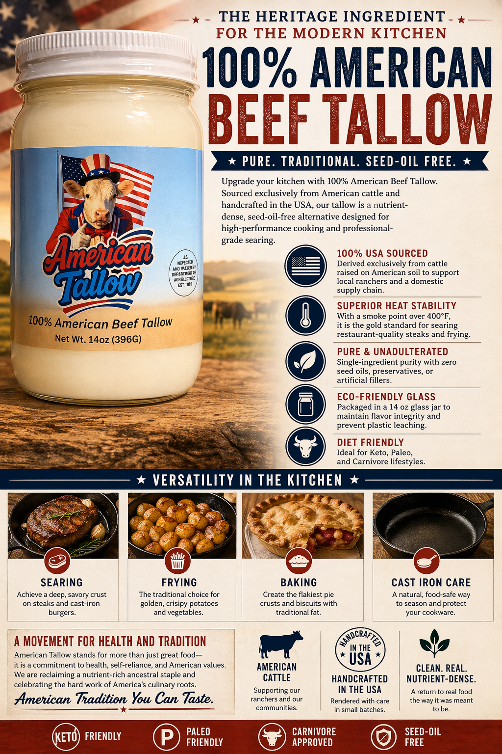 100% American Beef Tallow - 14 oz Glass Jar | Seed Oil Free Cooking Fat