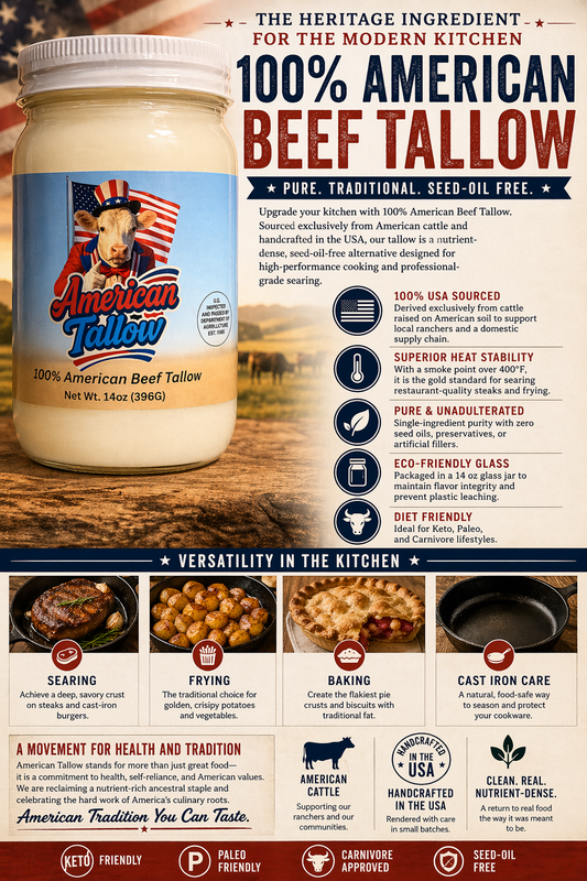 100% American Beef Tallow - 14 oz Glass Jar | Seed Oil Free Cooking Fat