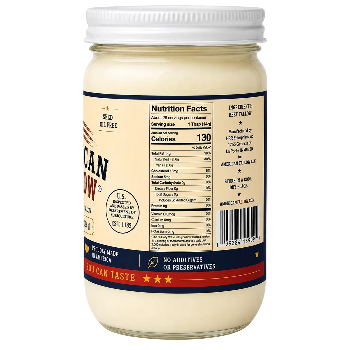 100% Pure American Beef Tallow – 14 oz Glass Jar | Seed Oil Free Cooking Fat