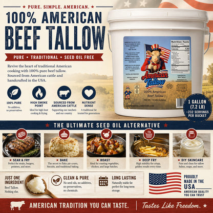 100% Pure American Beef Tallow – 1 Gallon Bulk Bucket (7.2 lbs) | Seed Oil Free Cooking Fat