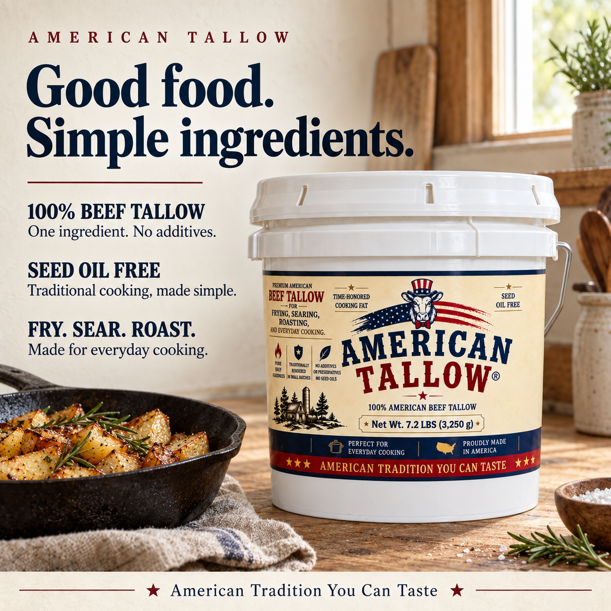 100% Pure American Beef Tallow – 1-Gallon Bucket (7.2 lb) | Seed Oil Free Cooking Fat