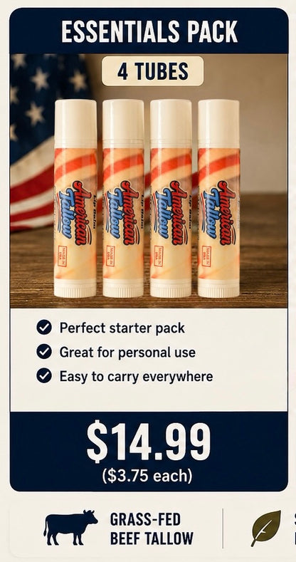 Grass-Fed Beef Tallow Lip Balm – Seed Oil Free Hydration | 4, 8 & 12 Pack Bundles