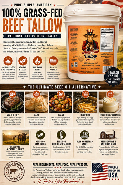 100% Grass-Fed & Grass-Finished Beef Tallow – 1 Gallon Bulk Bucket (7.2 lbs) | Non-GMO & Pasture-Raised