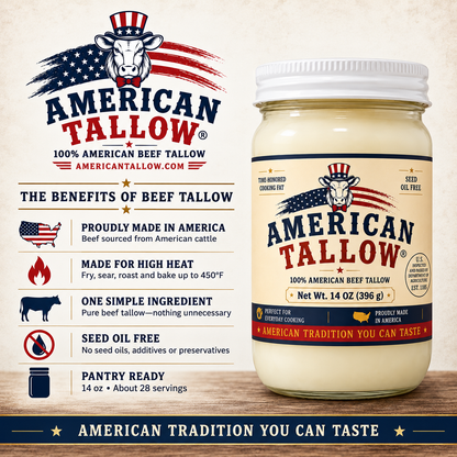 100% Pure American Beef Tallow – 14 oz Glass Jar | Seed Oil Free Cooking Fat