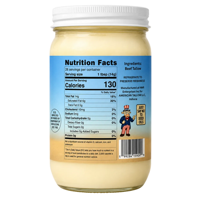 100% American Beef Tallow - 14 oz Glass Jar | Seed Oil Free Cooking Fat