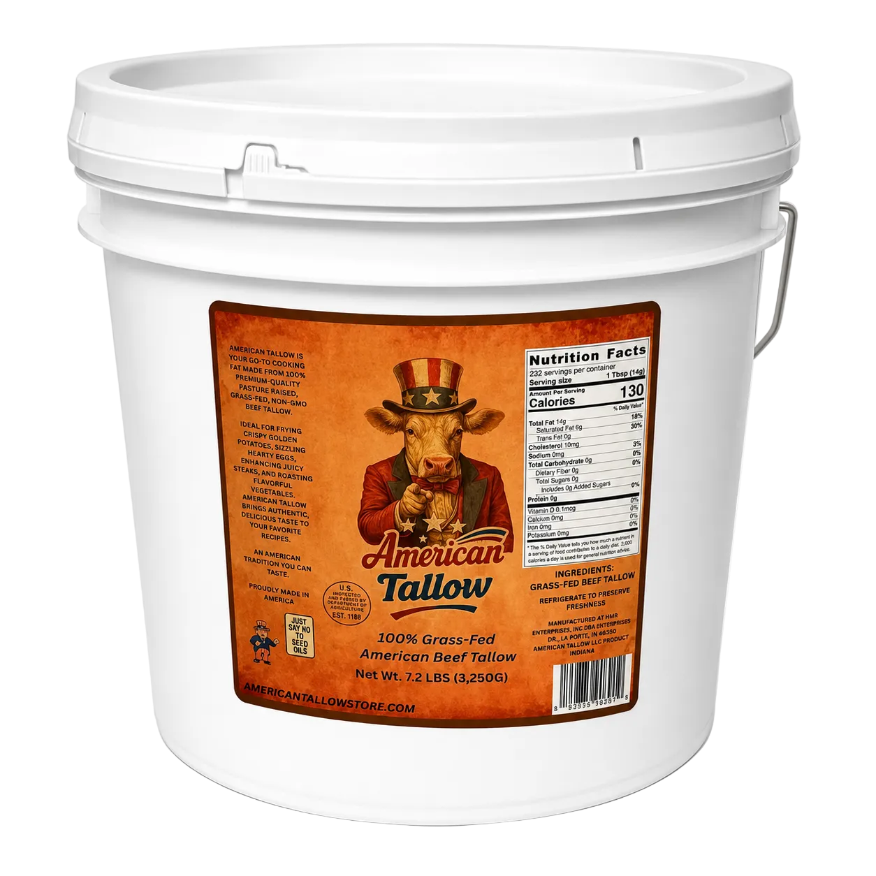 100% Grass-Fed & Grass-Finished Beef Tallow – 1 Gallon Bulk Bucket (7.2 lbs) | Non-GMO & Pasture-Raised