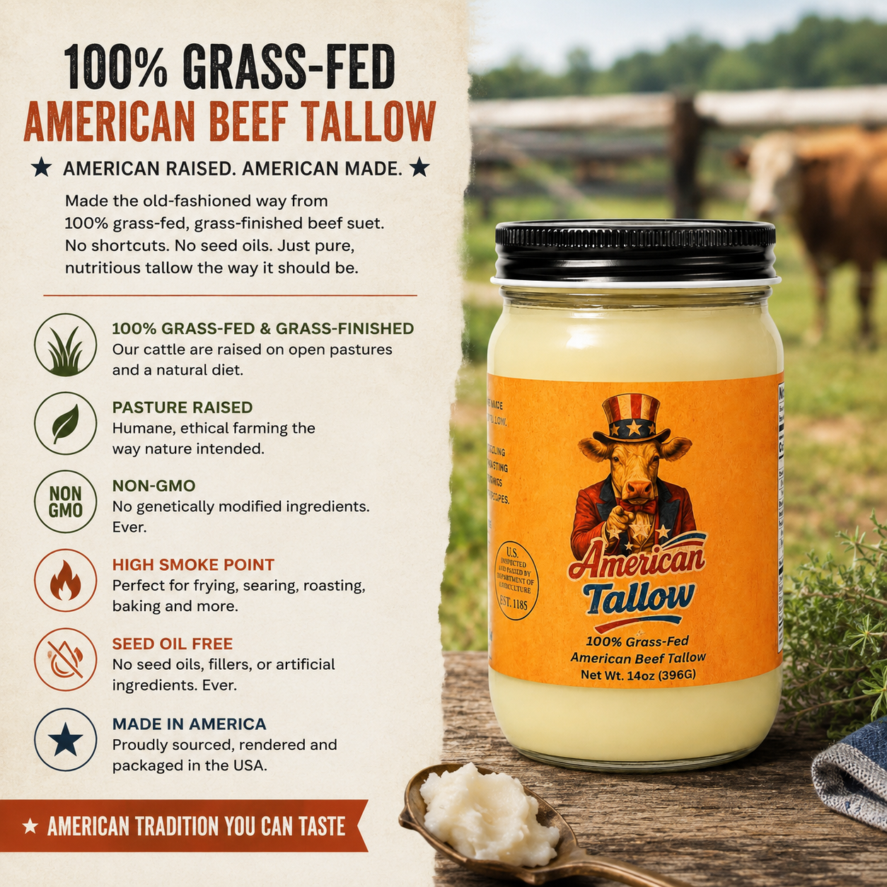 100% Grass-Fed & Grass-Finished Beef Tallow – 14 oz Jar | Non-GMO & Pasture-Raised