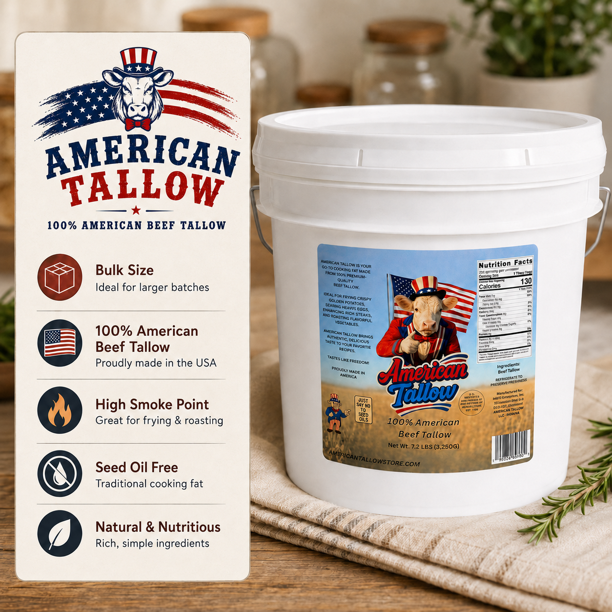 100% Pure American Beef Tallow – 1 Gallon Bulk Bucket (7.2 lbs) | Seed Oil Free Cooking Fat
